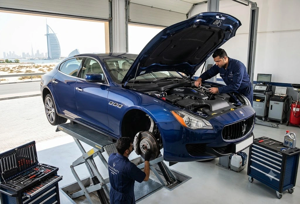 Maserati Quattroporte undergoing repair at an independent specialist garage in Dubai