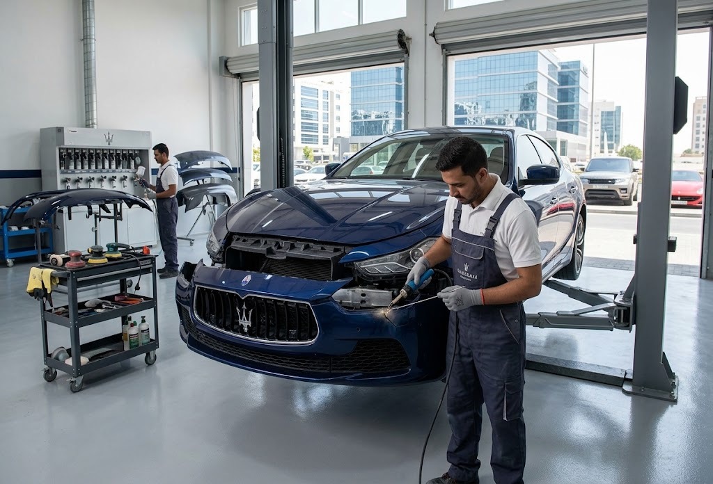 Maserati bumper repair and respray in Dubai