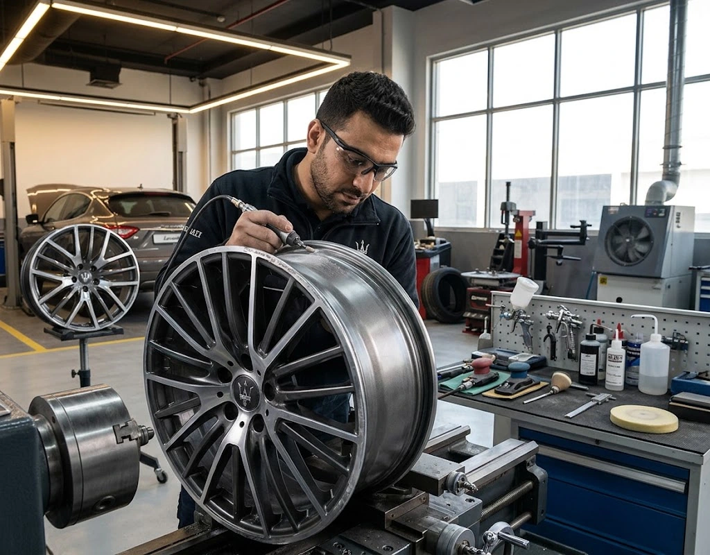 Maserati alloy wheel being refinished at an independent specialist workshop in Dubai
